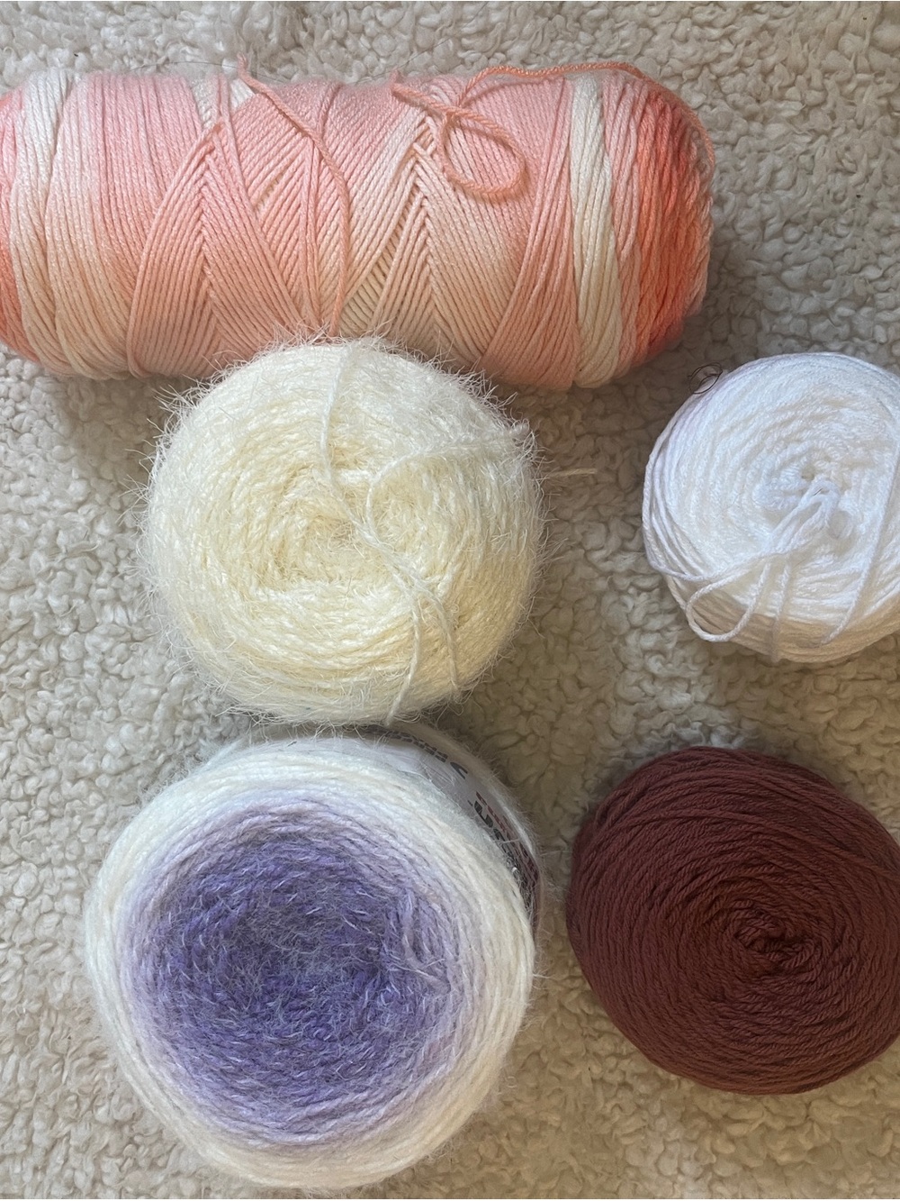 Assorted Caron Yarn Cake Bundle - Peach, Cream, White, Lavender & Brown